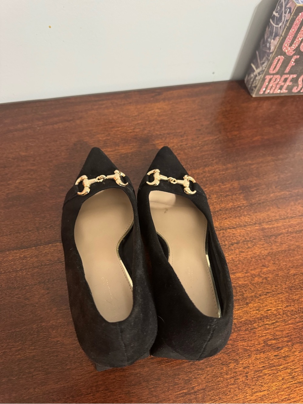 Black Pointed Toe Gold-Accent Women's Flats